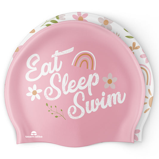 Eat Sleep Swim Flower Swim Cap - Reversible